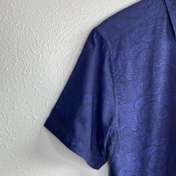 Robert Grahman Mens Large Navy Paisley Button Up Shirt Flip Cuff Short Sleeve - Picture 6 of 10
